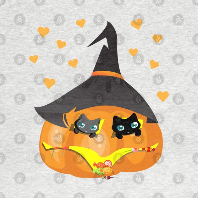 Black and Gray Cat in a Pumpkin House with Sweets by K0tK0tu